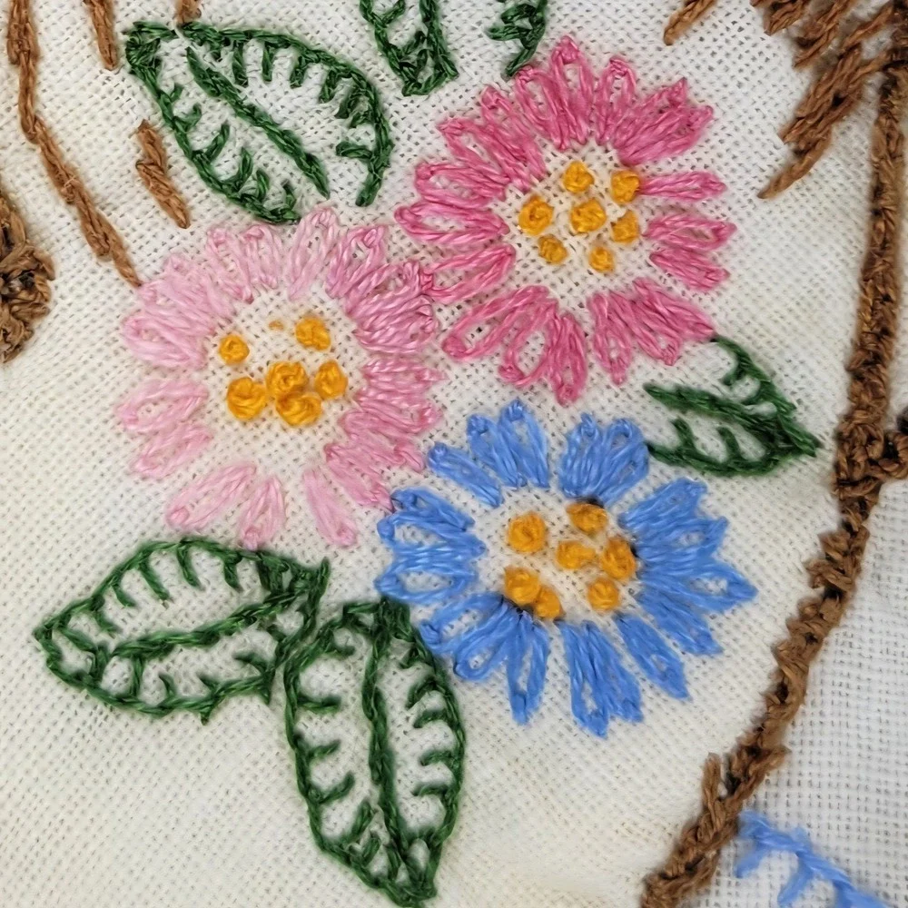 Vintage Embroidered Linen Tablecloth 4 Napkins Floral Hat Blue Lace Handmade Set